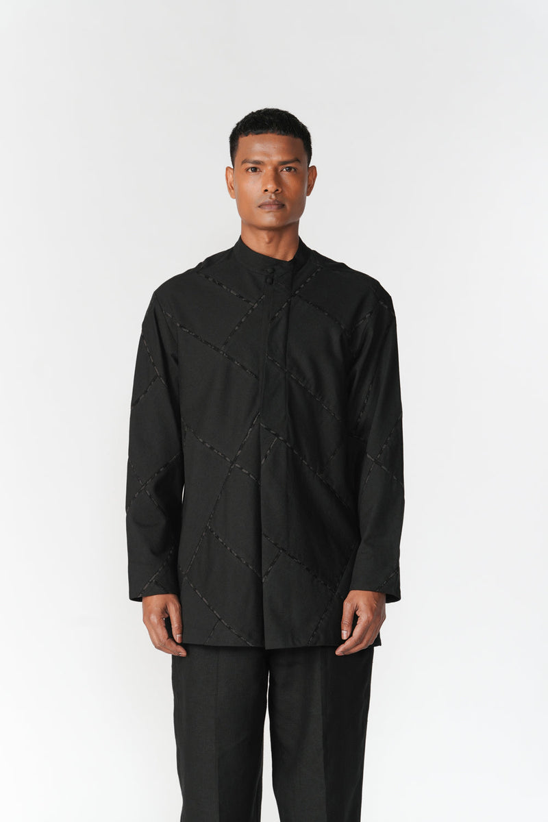 Patchwork Double Placket Shirt top/shirt by Turn Black in black for men in Singapore