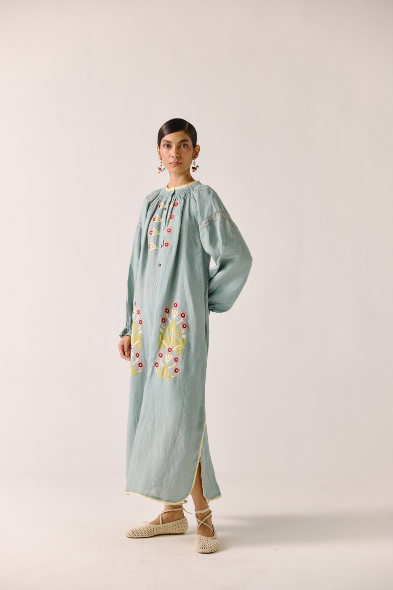 Chloe Dress - Pale Blue Pixel Applique linen by CORD in blue for women in Singapore