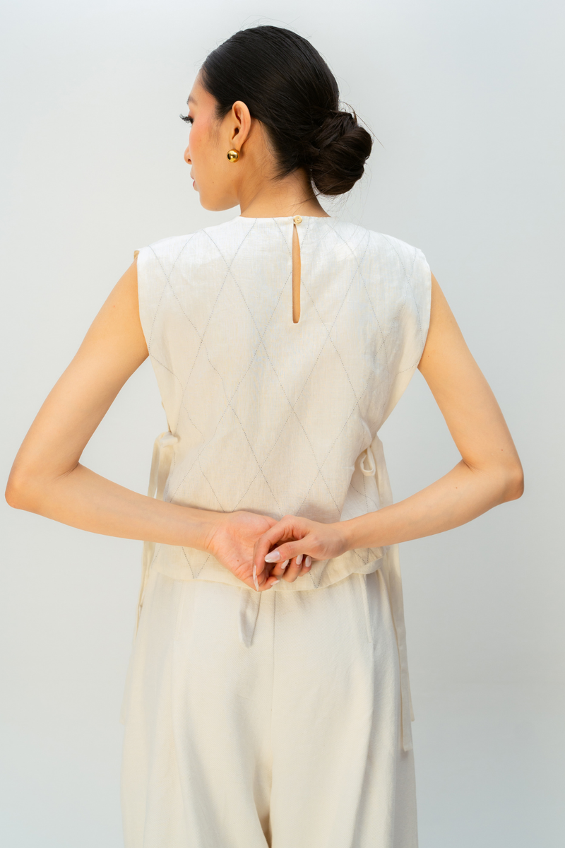 SOFT LATTICE BIB linen jacket/overlay by Ode to Odd in off white for women in Singapore