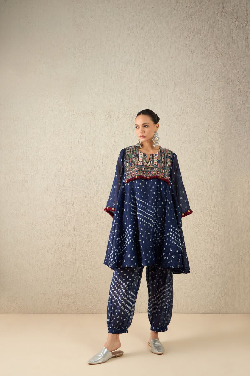 AFGHANI BANDHANI SET - Navy Blue silk by Aavidi in yellow color for women in Singapore