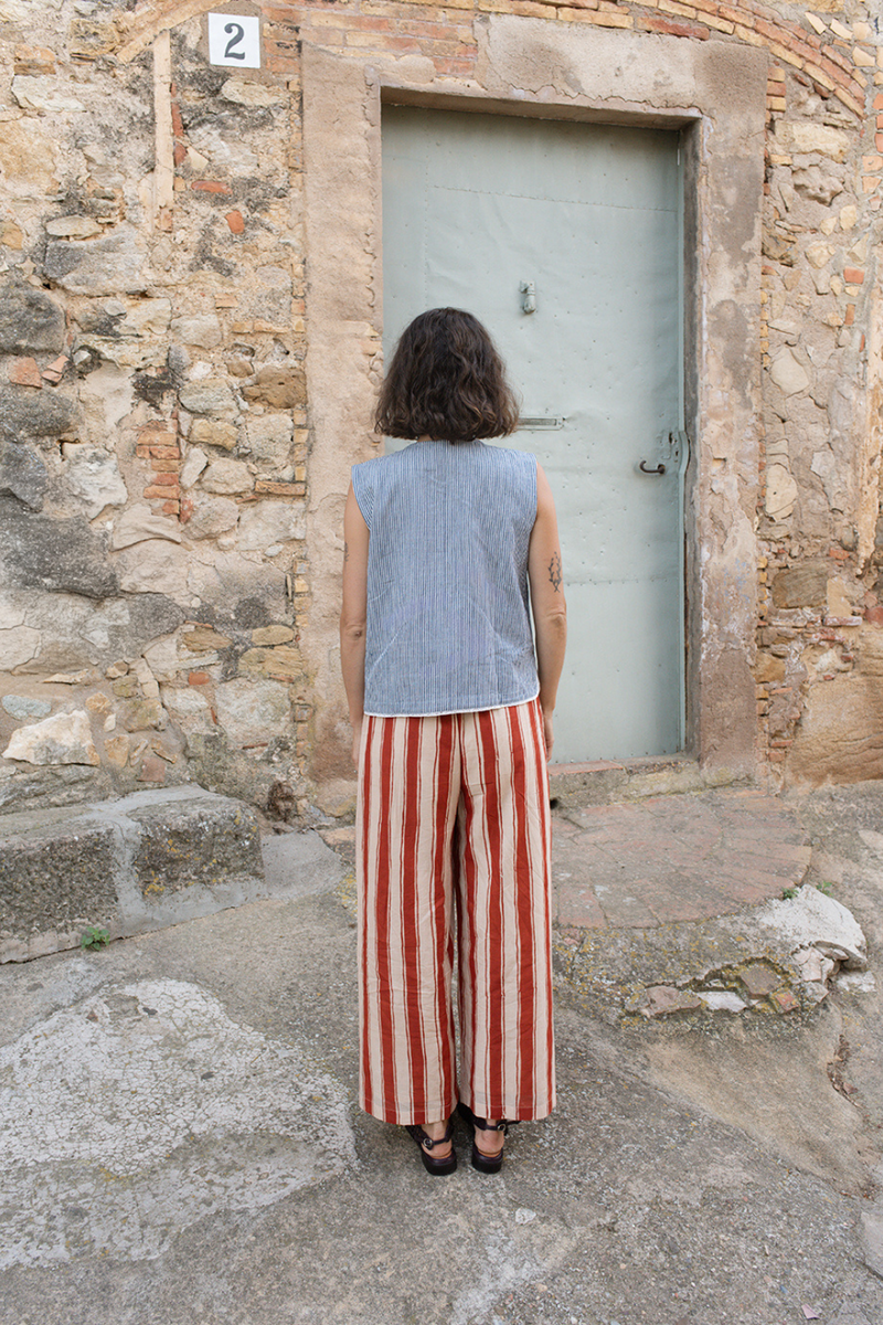Zebra Stroll Pants-Red Stripes handwoven cotton pant/trouser by World of Crow in multicolor for women in Singapore