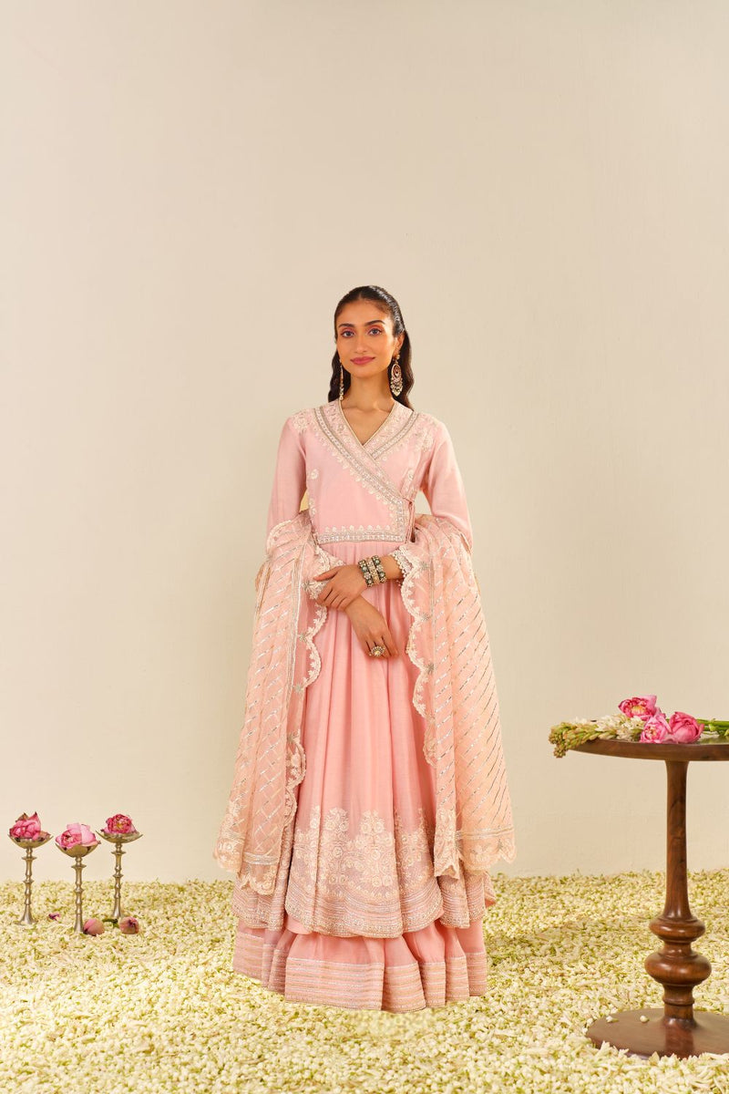 Ameena - Long Anarkali With Skirt And Dupatta-Blush Pink silk by SHEETAL BATRA in blush color for women in Singapore