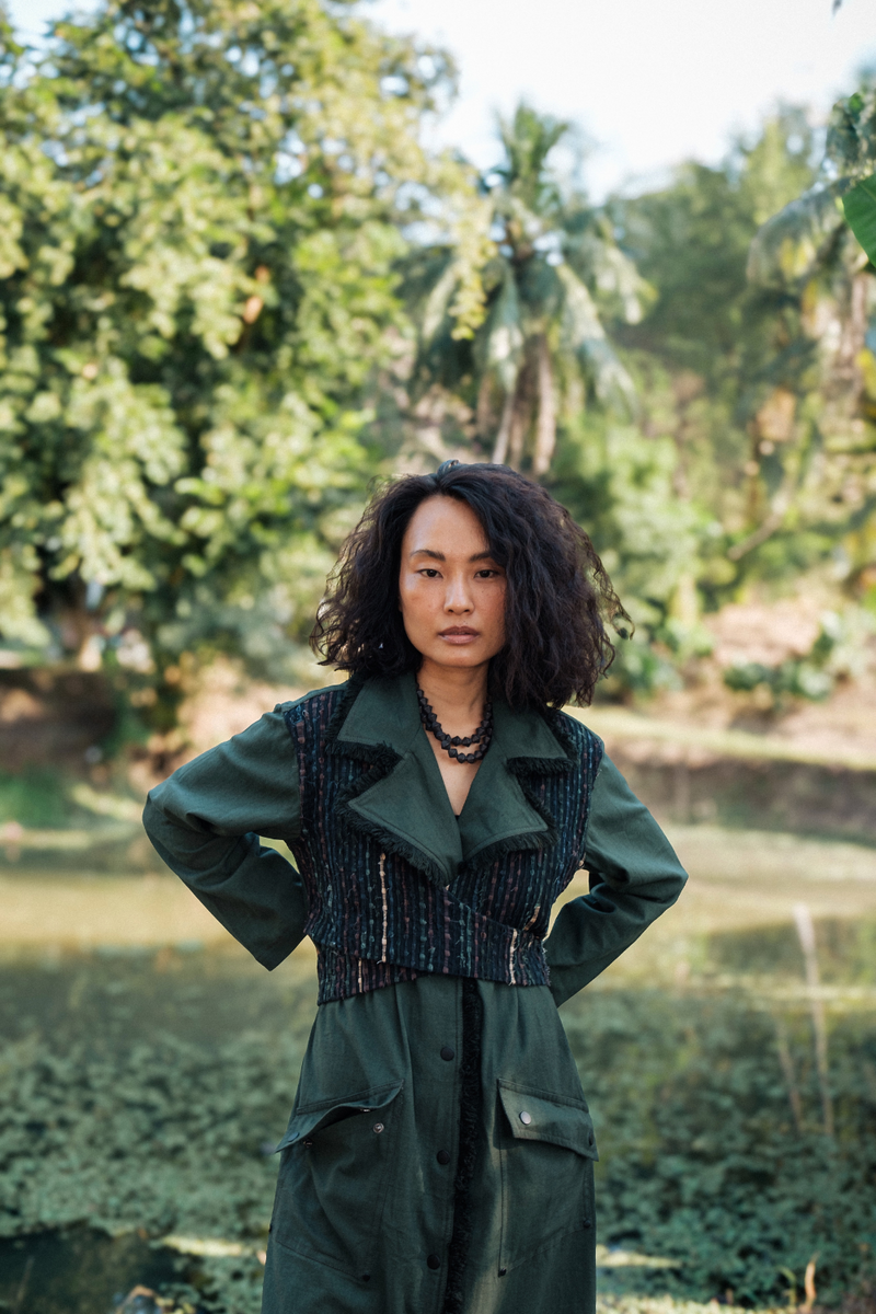 Upcycled Handwoven Copenhagen Trench - Green cotton by The Terra Tribe in green color for women in Singapore