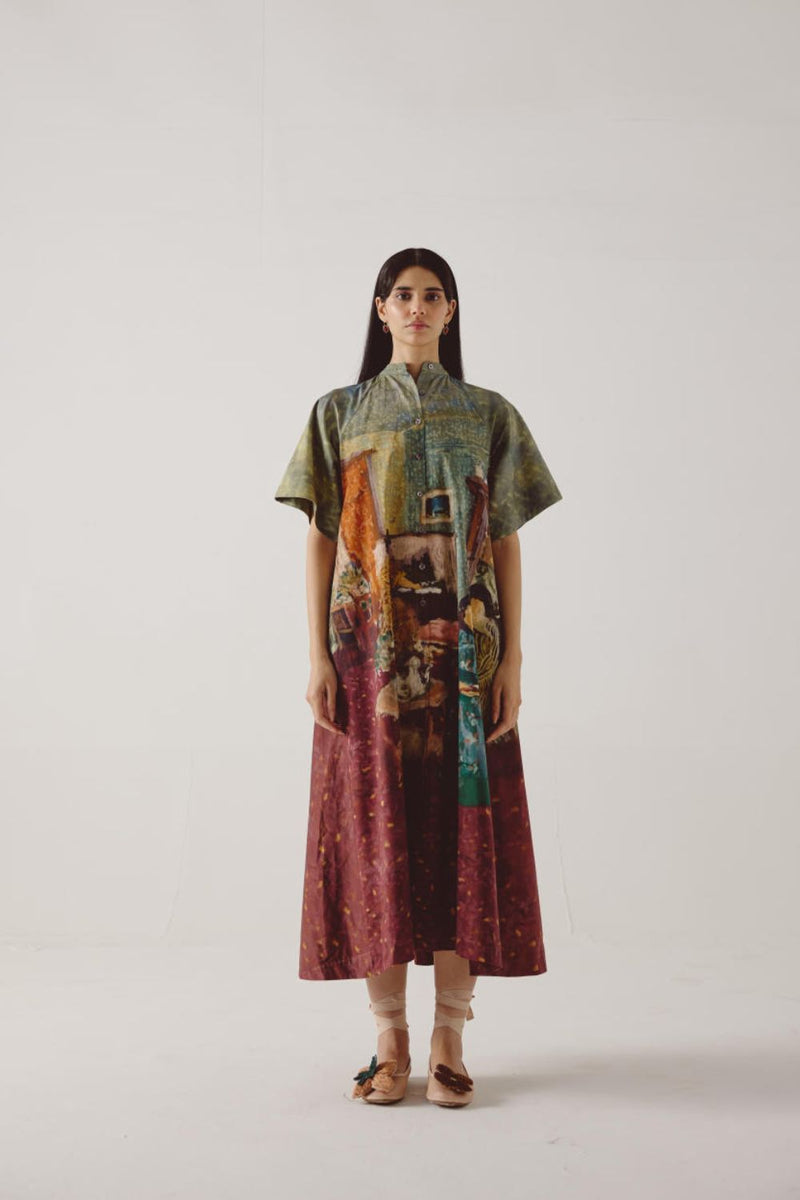 A-Line Long Dress-High Tea cotton by CORD in multi for women in Singapore