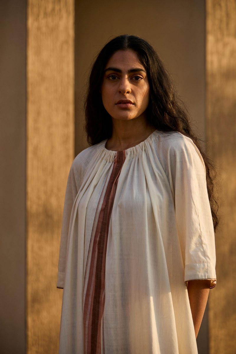 Bulan Handwoven Striped Midi Dress cotton by The Summer House in white color for women in Singapore