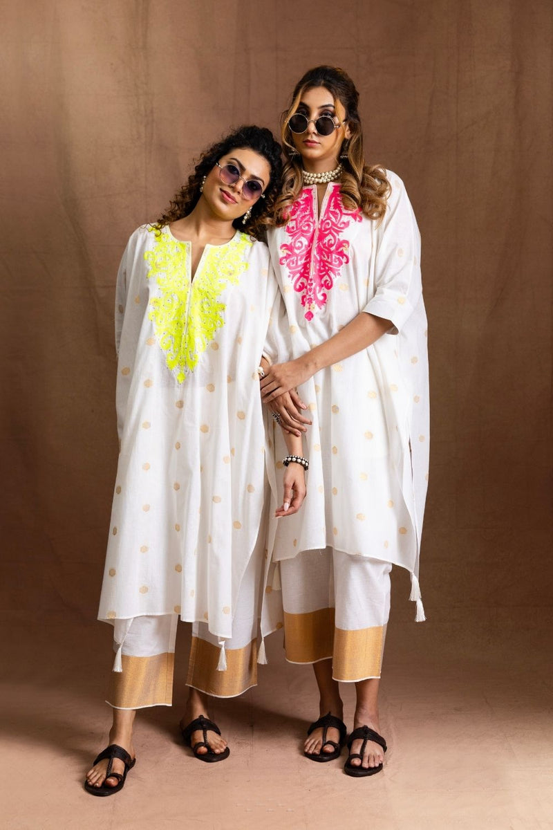 Summer Neon Kurta Set-Neckline Embroidery (neon lime green) Pure Cotton Kurta Set Sabo by Sabina — Canvas & Weaves Singapore