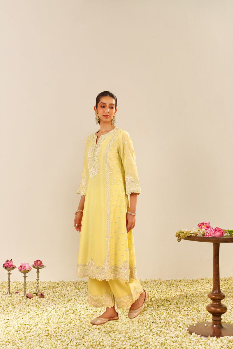 Sumaiya - A-Line Kurta With Palazzo And Dupatta-Lemon Yellow silk by SHEETAL BATRA in yellow color for women in Singapore