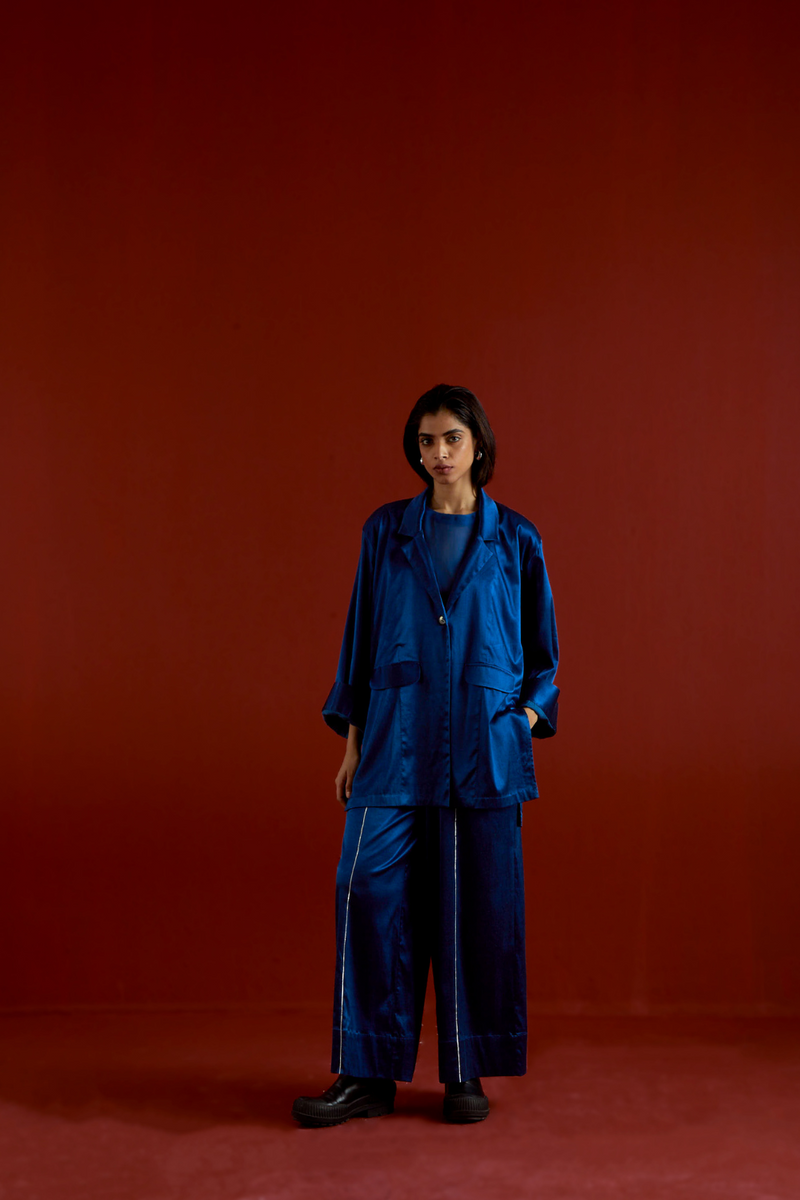 WIDE SLEEVE JACKET CO-ORD-ELECTRIC BLUE satin by THREE in blue color for women in Singapore