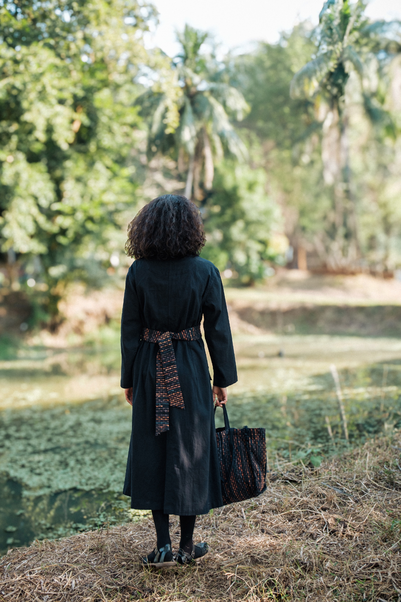 Upcycled Handwoven Copenhagen Trench - Black Copper cotton by The Terra Tribe in black color for women in Singapore