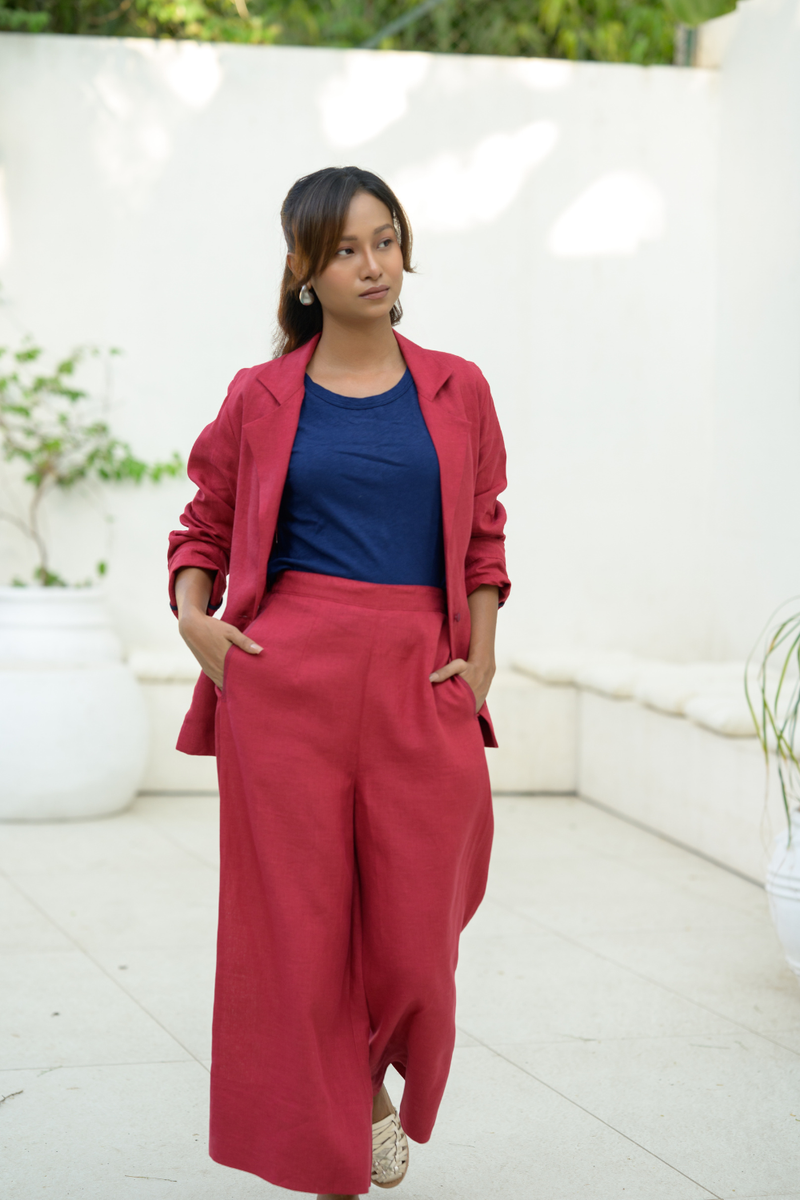 Crimson Sky Suit linen co-ord set by Zanzibar Living in crimson red for women in Singapore