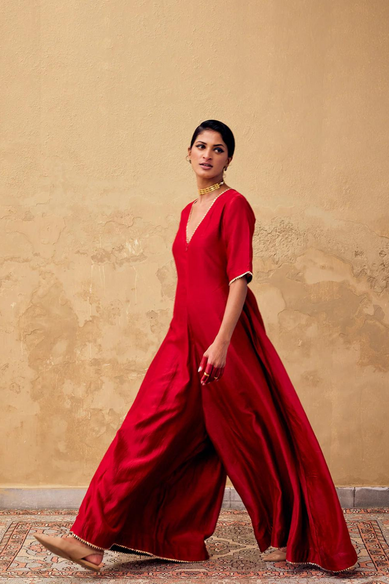 Jashn Jumpsuit chanderi by Khara Kapas in red for women in Singapore