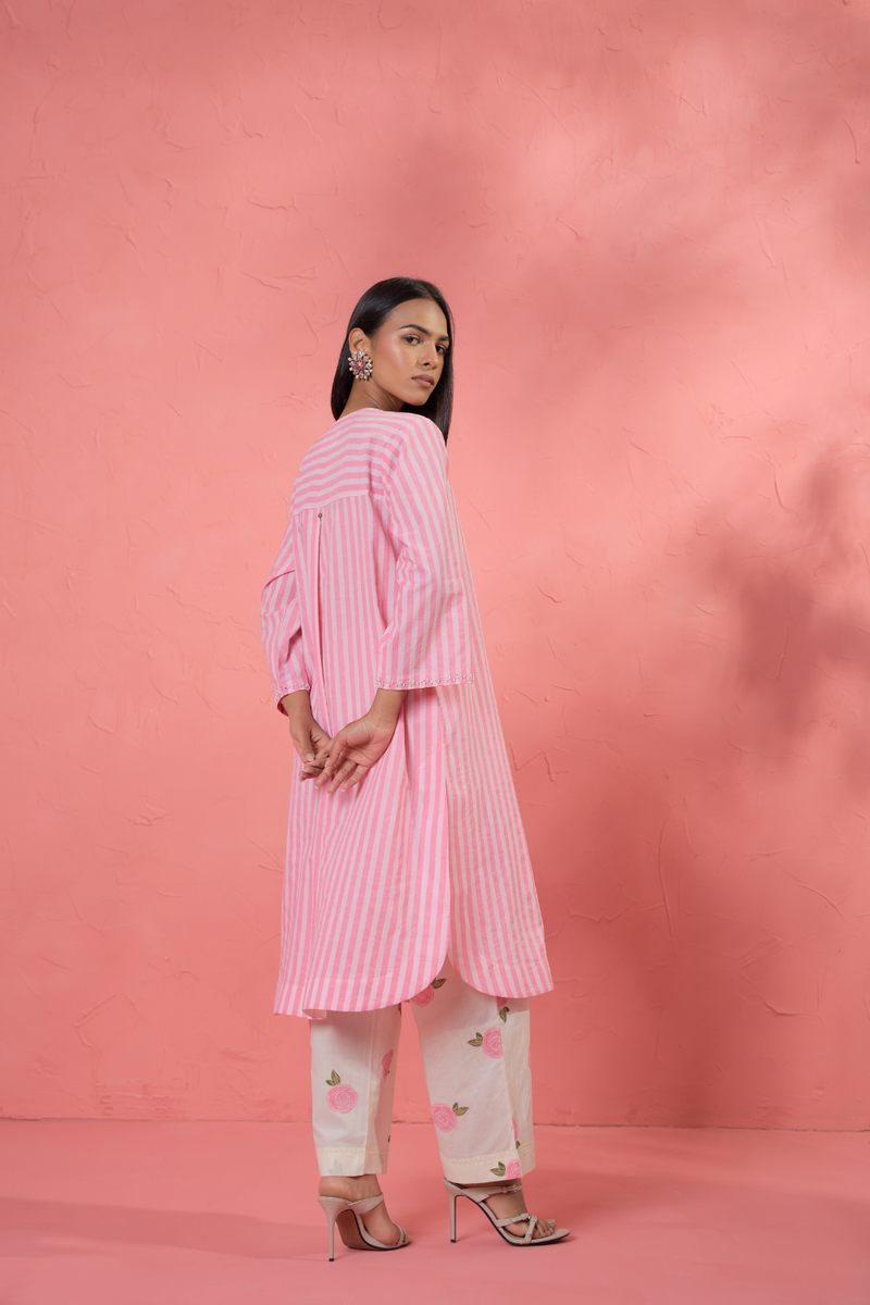 Gul Rose Stripe Set cotton cambric light kurta set by AAVIDI in pink for women in Singapore