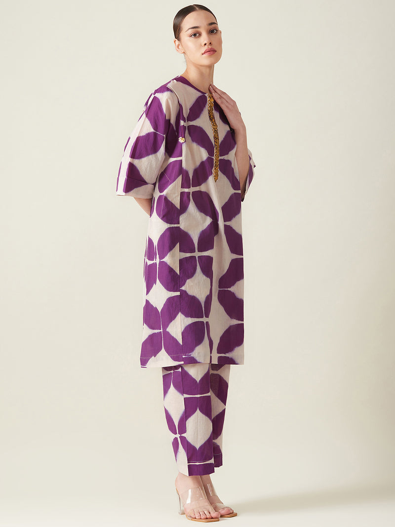 Purple Clamp Dye Embroidered Co ord set cotton Light Kurta Sets by Aavidi for women in Singapore