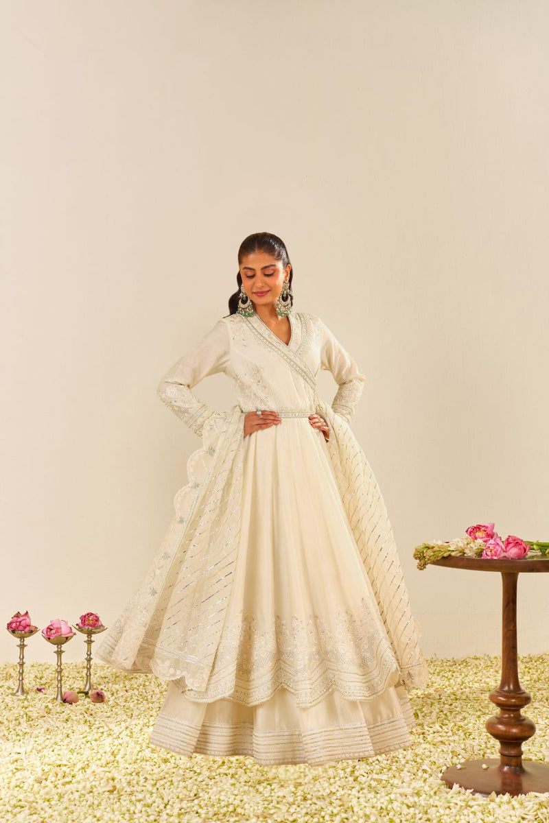 Ameena - Long Anarkali With Skirt And Dupatta-Daisy Ivory silk by SHEETAL BATRA in ivory color for women in Singapore