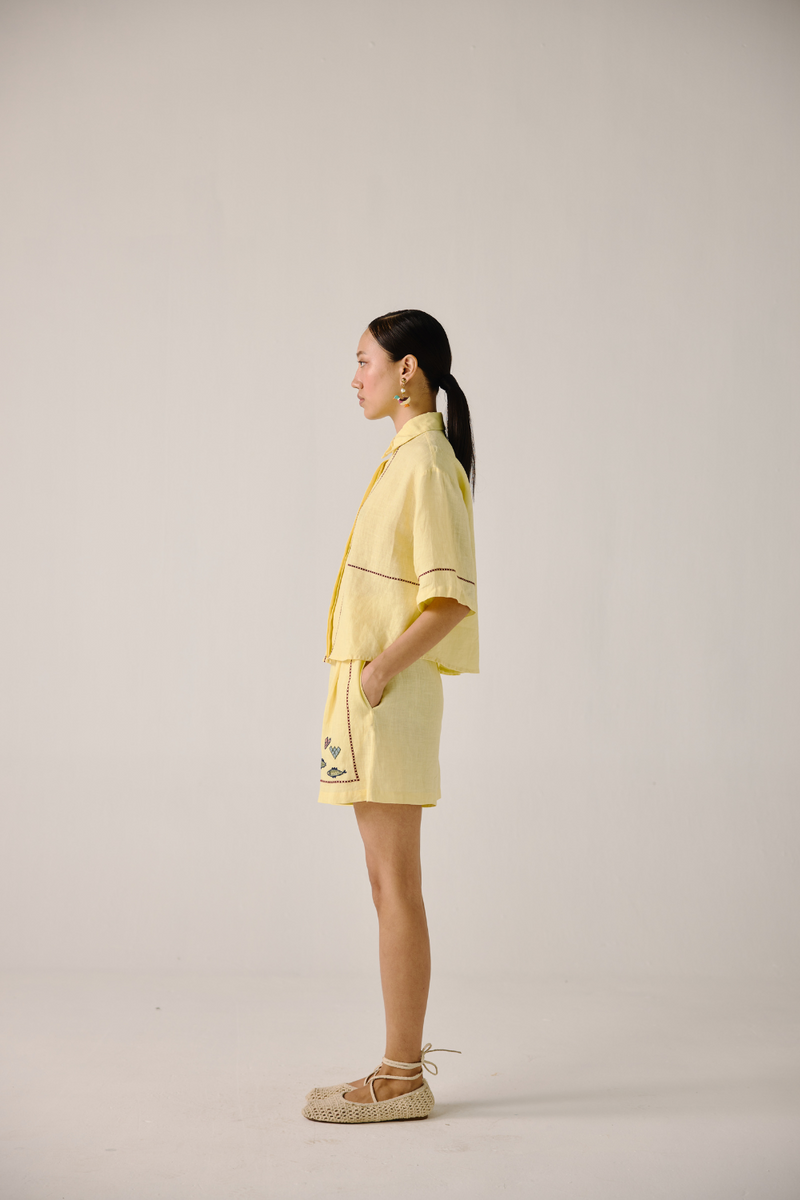 Leo Set - Butter Yellow Fish Embroidery linen by CORD in yellow for women in Singapore