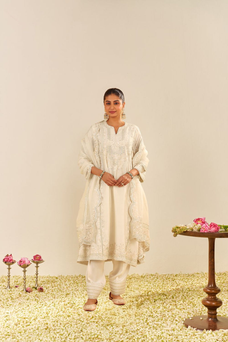 Maziya - Long Chauga With Salwar And Dupatta-Daisy Ivory silk by SHEETAL BATRA in ivory color for women in Singapore