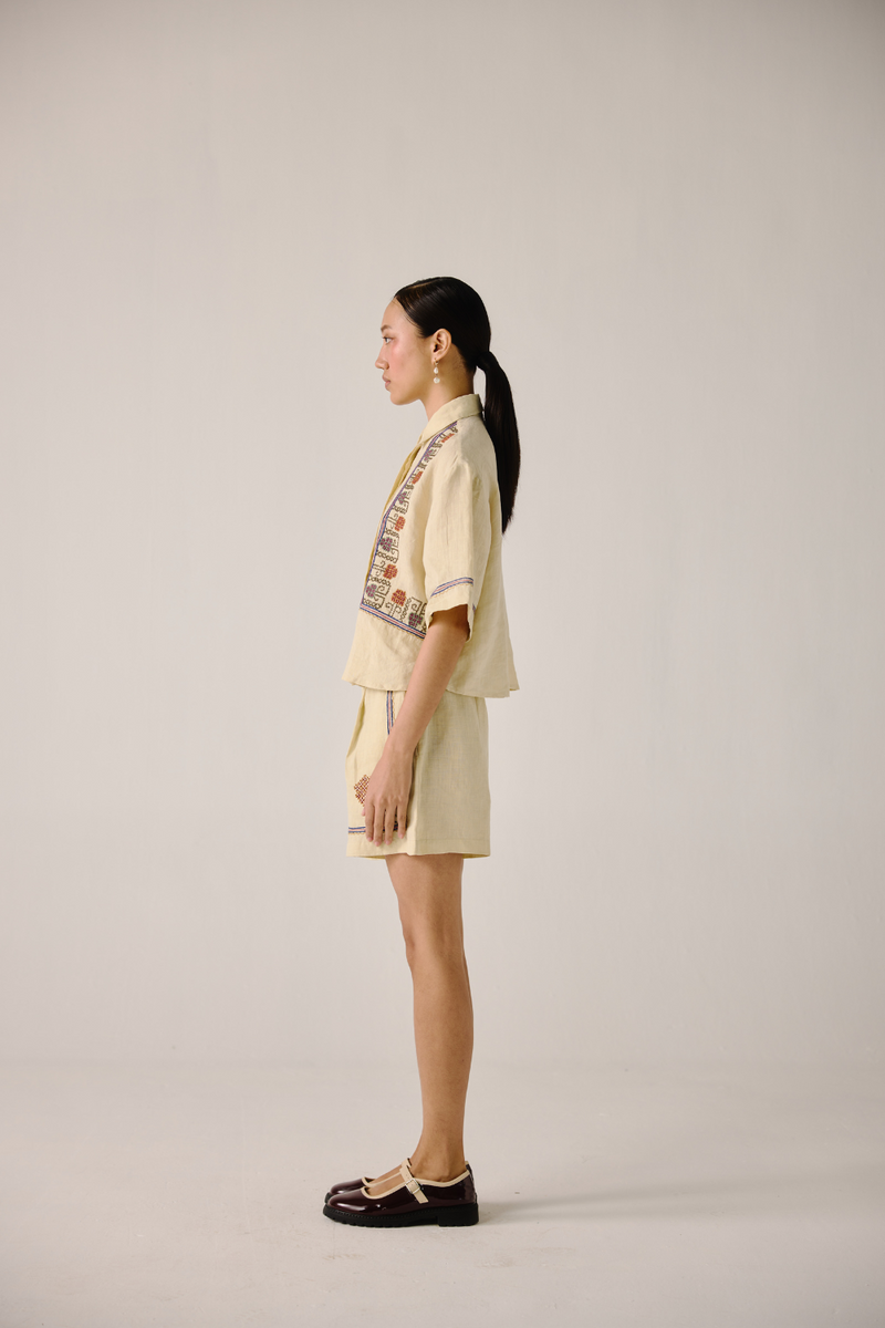 Leo Set - Ivory Cross Stitch Emb. linen by CORD in ivory for women in Singapore