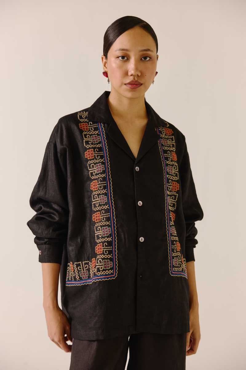 Unisex Shirt (full sleeve) - Black (cross-stitched embroidery) linen by CORD in black for women in Singapore