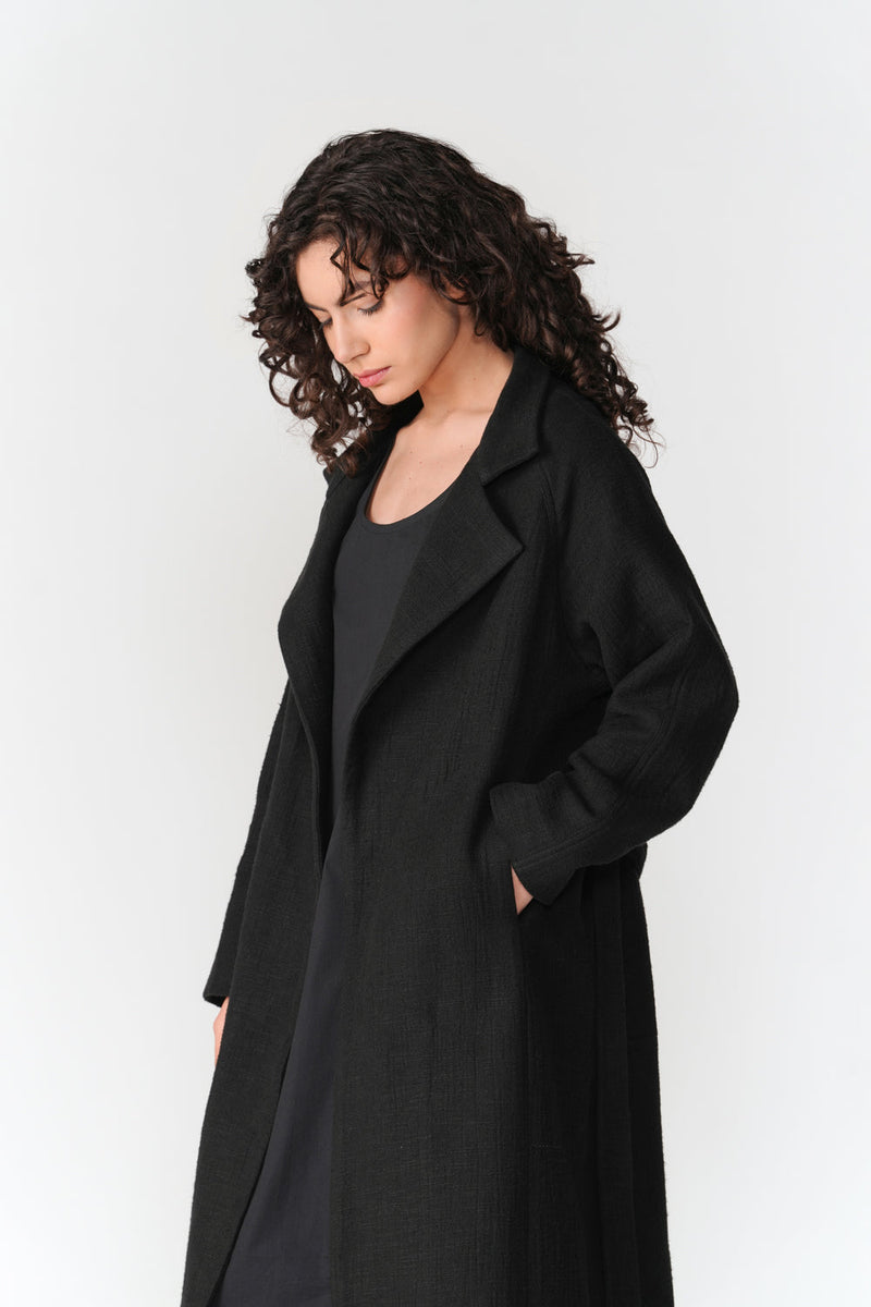 Chenille Long Overcoat jacket/overlay by Turn Black in black for women in Singapore