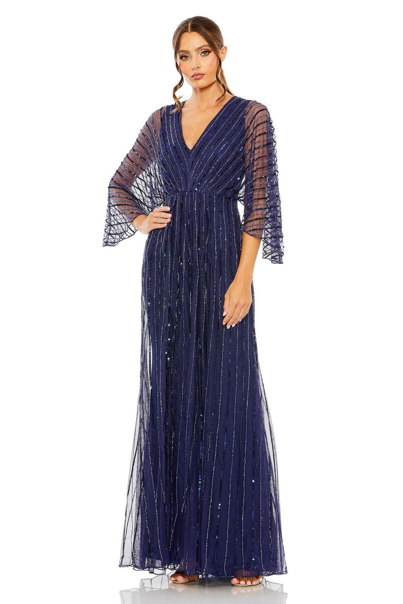 93841-Beaded Striping Kimono Sleeve V Neck Gown by Mac Duggal in navy color for women in Singapore