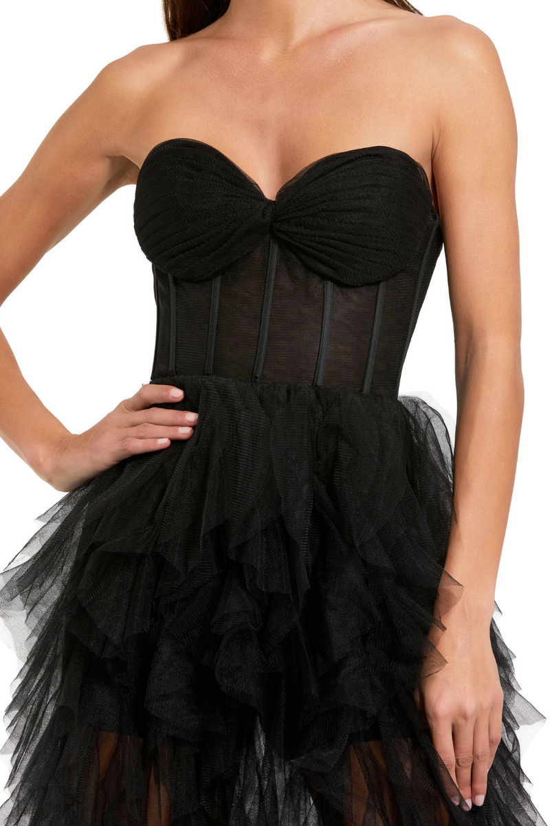 27532-Net Gown with Spiral Ruffles-Black by Mac Duggal in black color for women in Singapore
