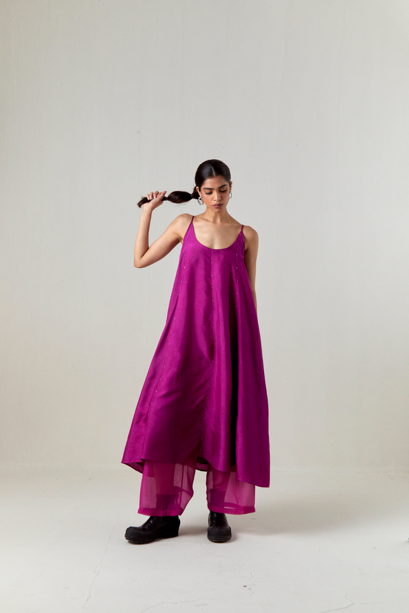 PANELED EMBROIDERED TUNIC CO-ORD-FUCHSIA silk by THREE for women in Singapore