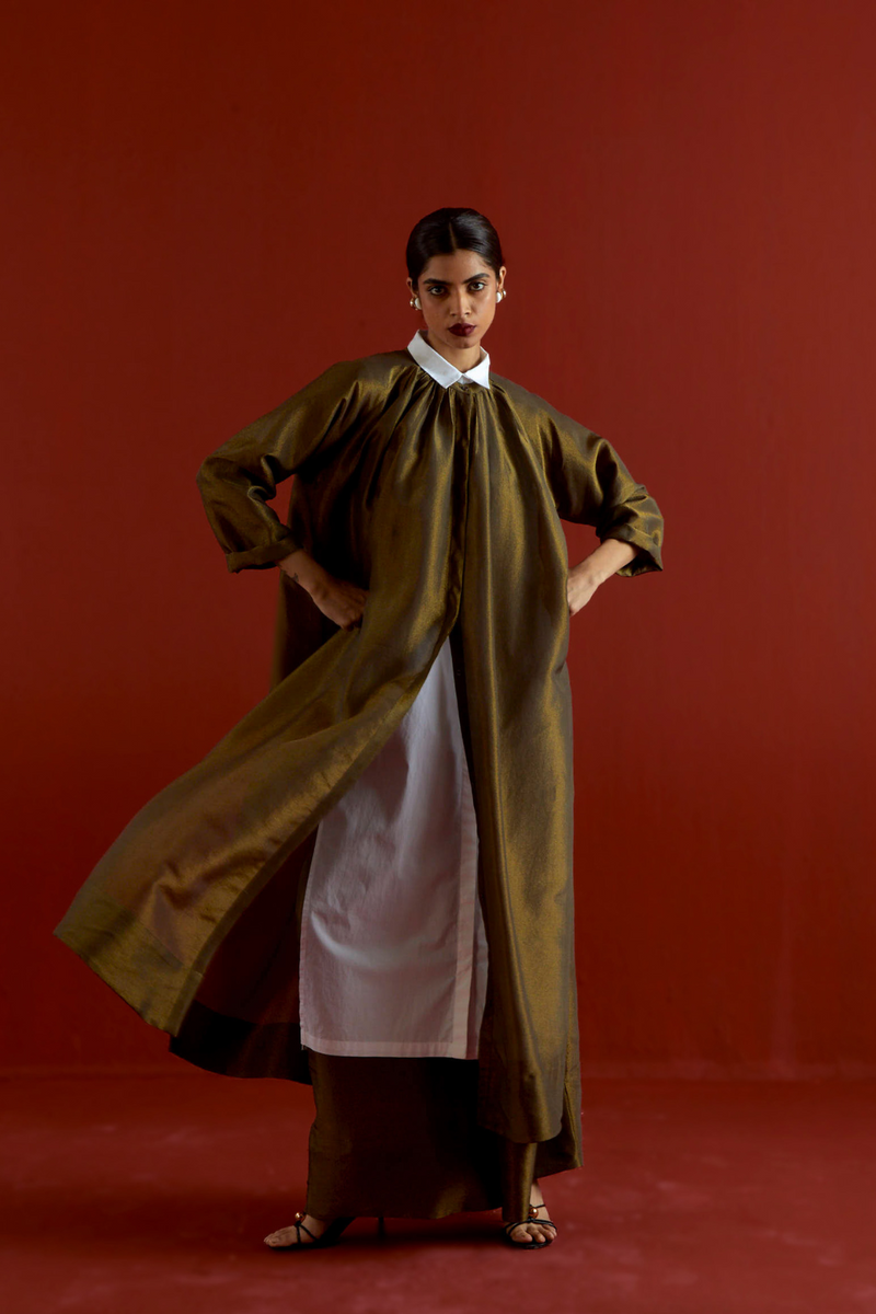 GATHER NECK SHIRT CO-ORD-OLIVE GOLD tissue by THREE in gold color for women in Singapore