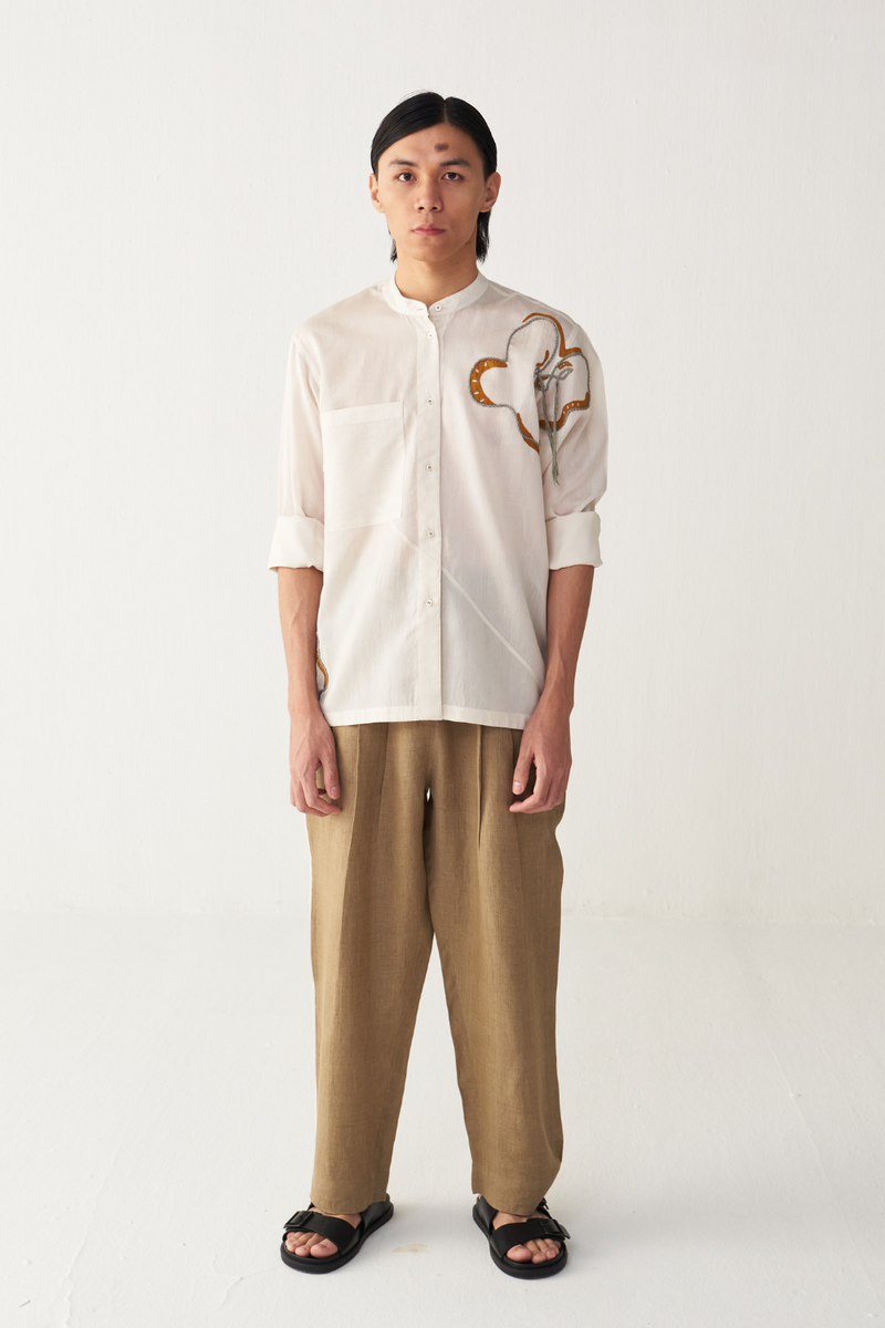 FLORAL ROPE EMB. SHIRT chanderi by THREE Men in ivory color for men in Singapore