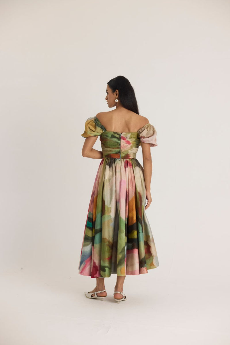 TILLY PUFF SLEEVE DRESS satin by Yam in multi color for women in Singapore