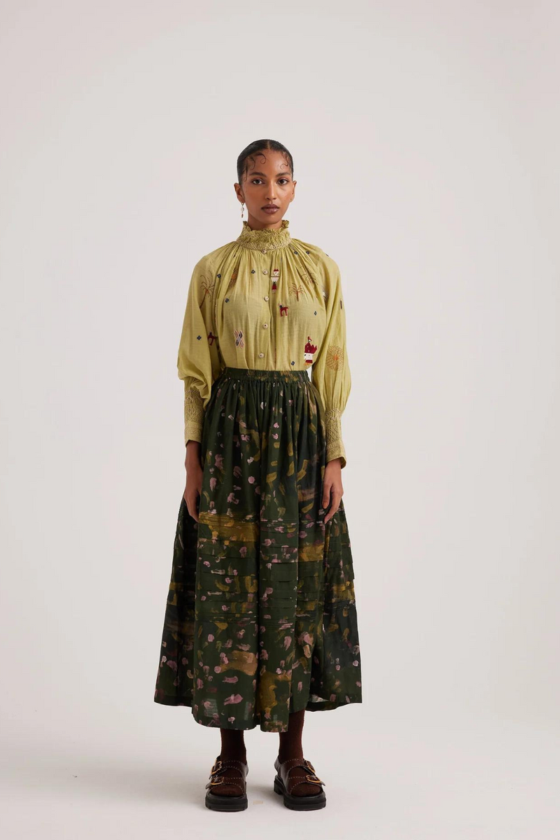 Pintuck Skirt-Green Strokes cotton by CORD for women in Singapore