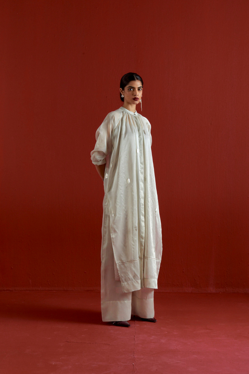 EMB. GATHER NECK SHIRT CO-ORD-METALLIC GREY tissue by THREE in grey color for women in Singapore