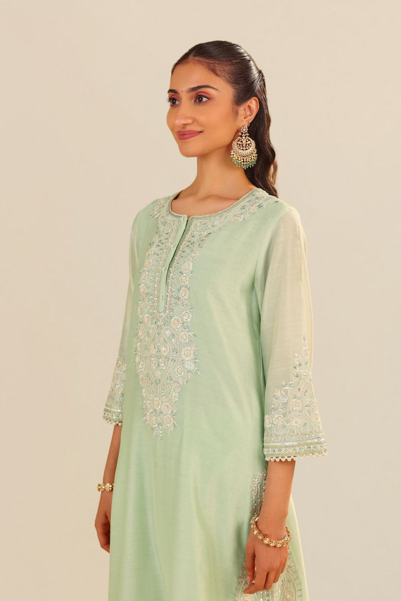 Sereen - A-Line Kurta With Palazzo And Dupatta-Mint Green silk by SHEETAL BATRA in mint color for women in Singapore