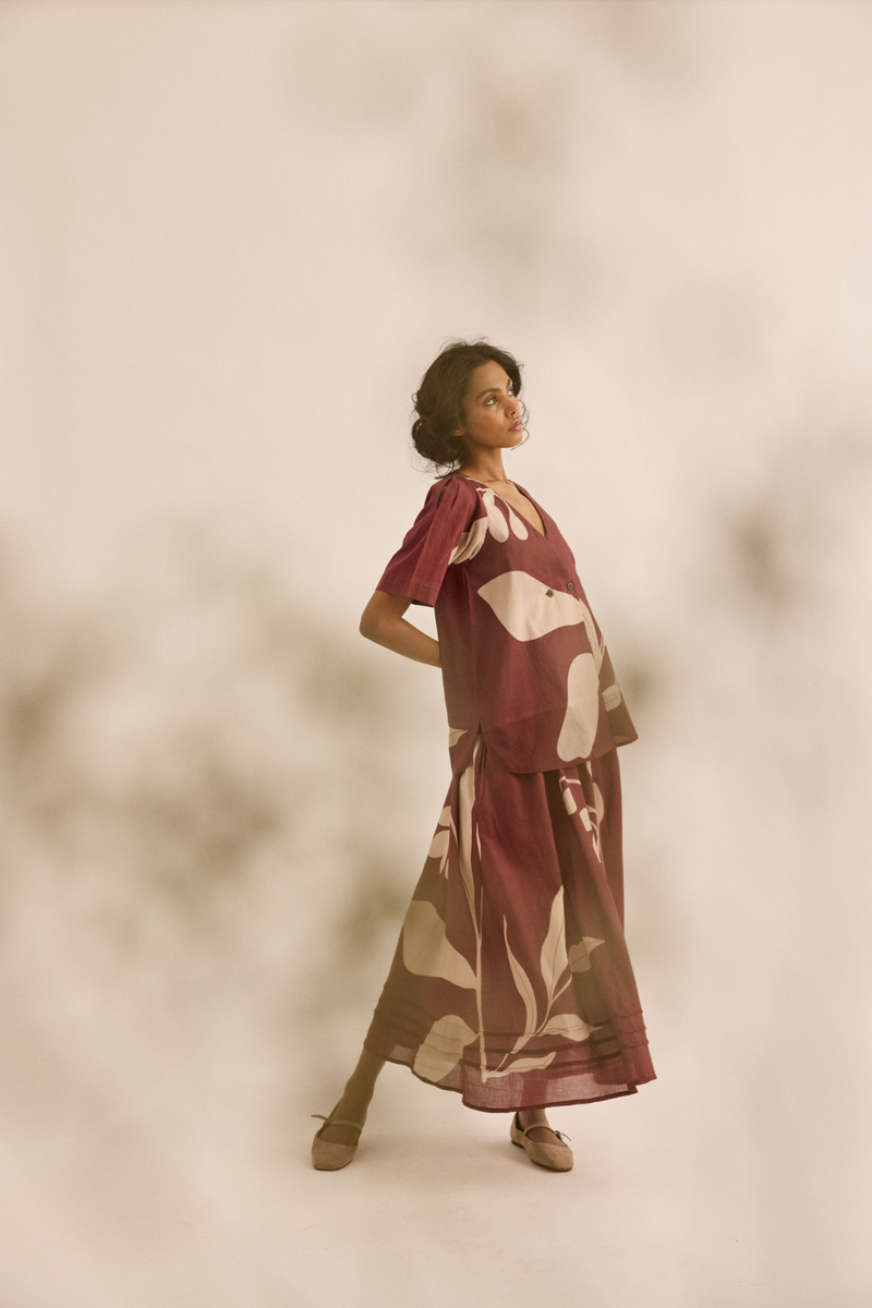 Nerine Skirt mul skirt by Khara Kapas in maroon for women in Singapore