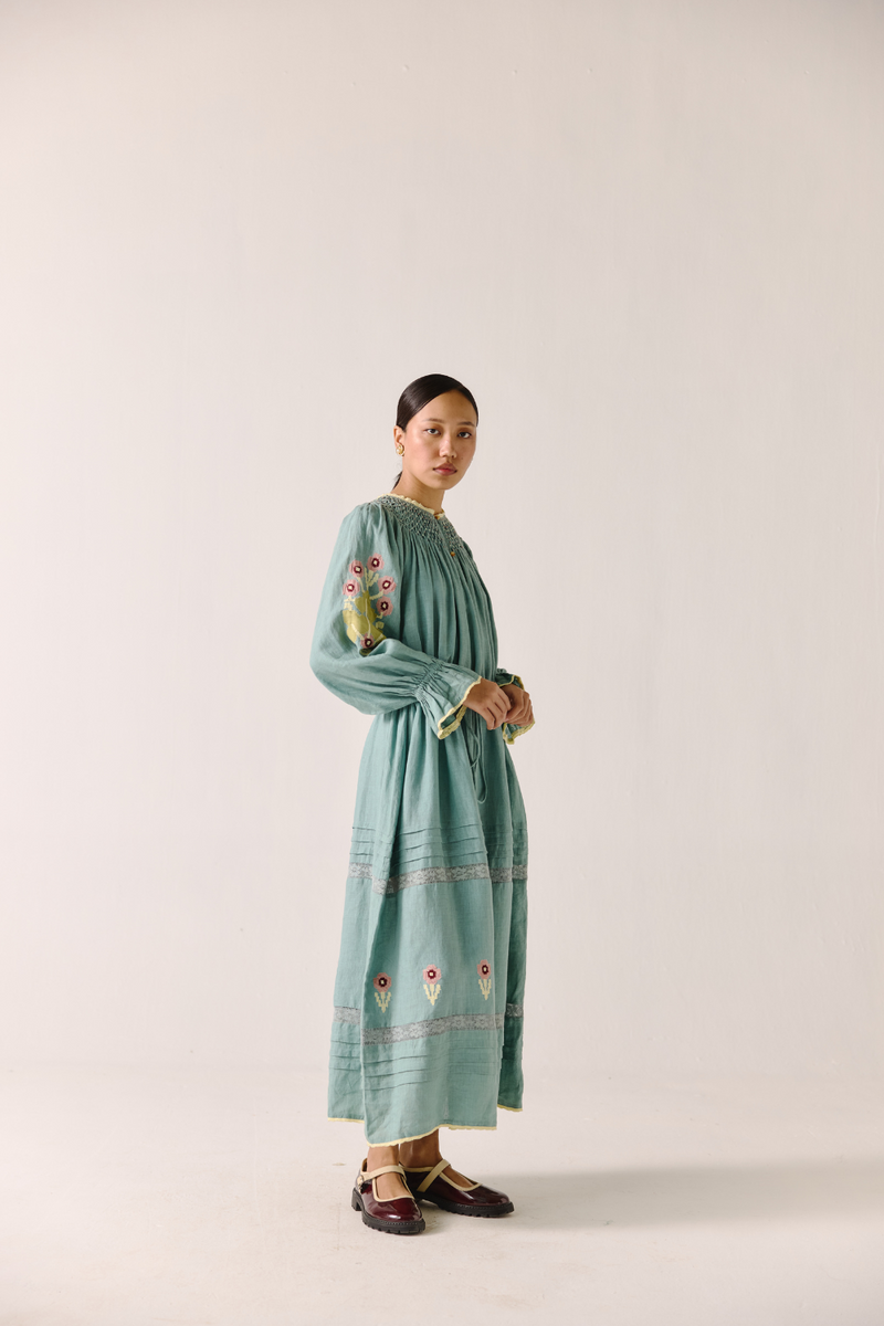 Edith Dress - Pale Blue Pixel Applique linen by CORD in blue for women in Singapore
