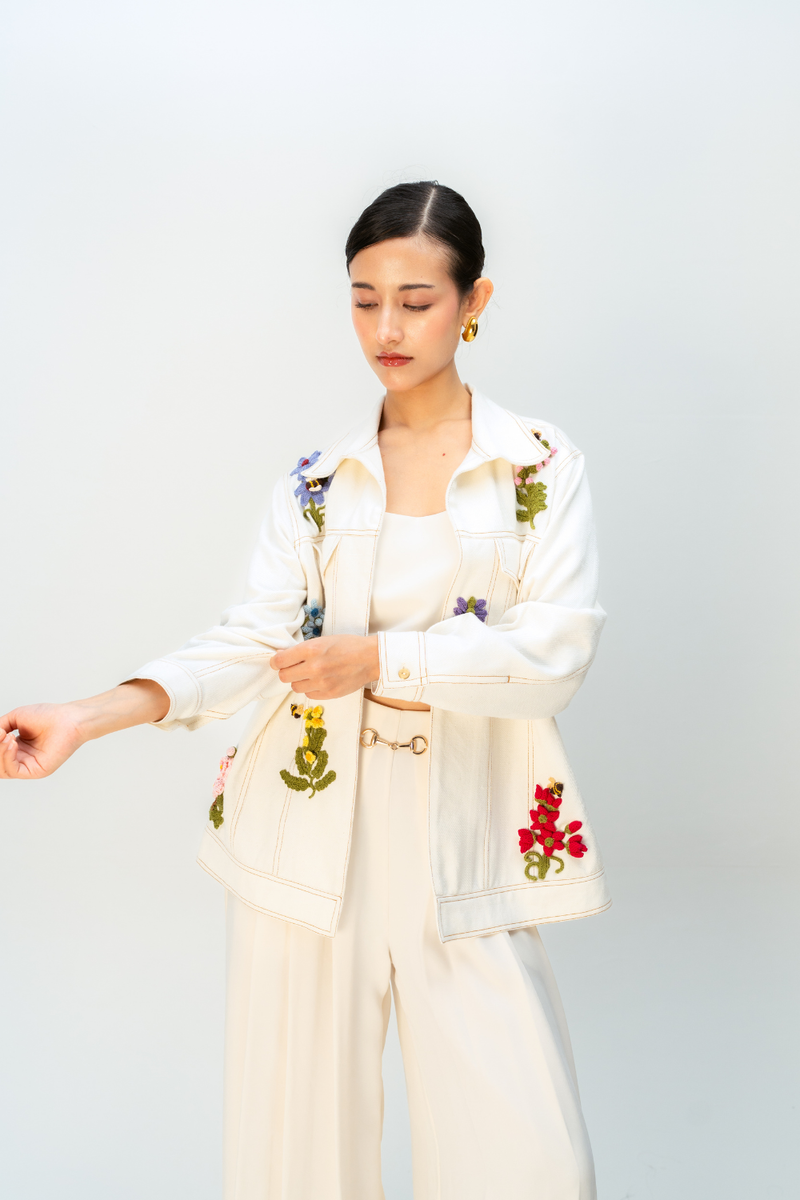 GOLDEN FABLE JACKET handwoven denim jacket/overlay by Ode to Odd in off white for women in Singapore