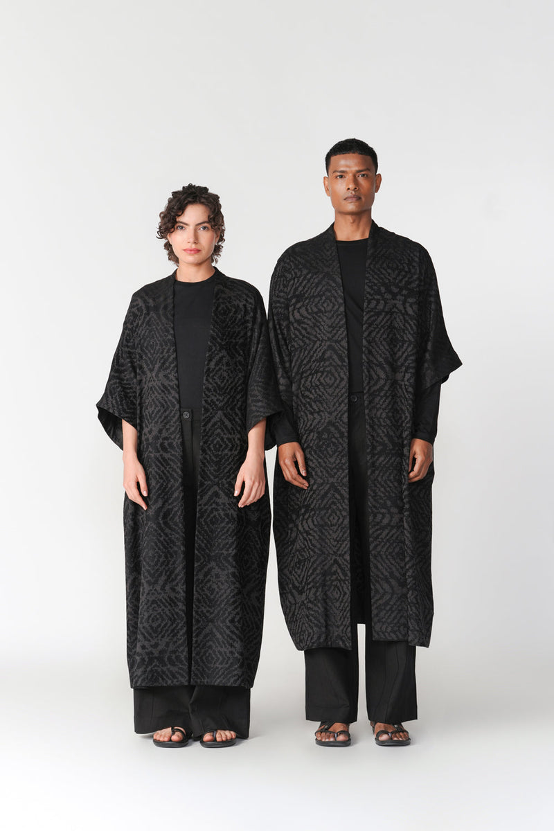Jacquard Kimono Sleeve Overlay viscose cotton jacket/overlay by Turn Black in black for women in Singapore