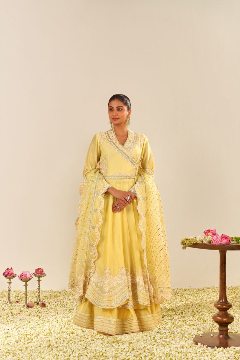 Ameena - Long Anarkali With Skirt And Dupatta-Lemon Yellow silk by SHEETAL BATRA in yellow color for women in Singapore