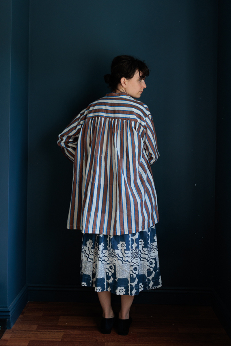 Artist Smock-Brown stripes handwoven cotton top/shirt by World of Crow in multicolor for women in Singapore