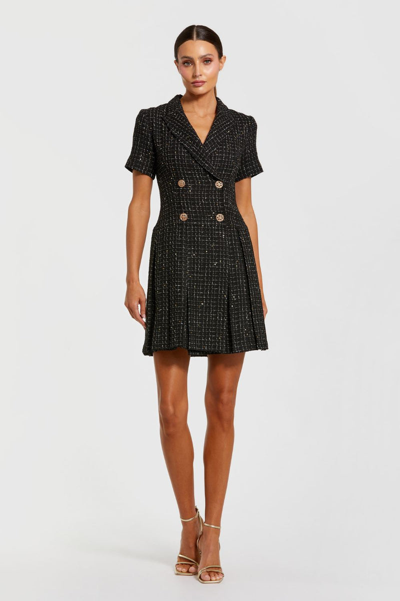 81200-Black Short Sleeve V Neck Tweed Blazer Mini Dress by Mac Duggal in black color for women in Singapore