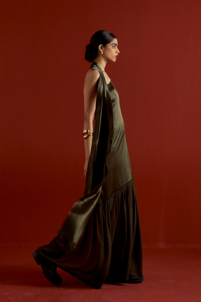 ONE SHOULDER DRESS-DARK OLIVE satin by THREE in olive color for women in Singapore