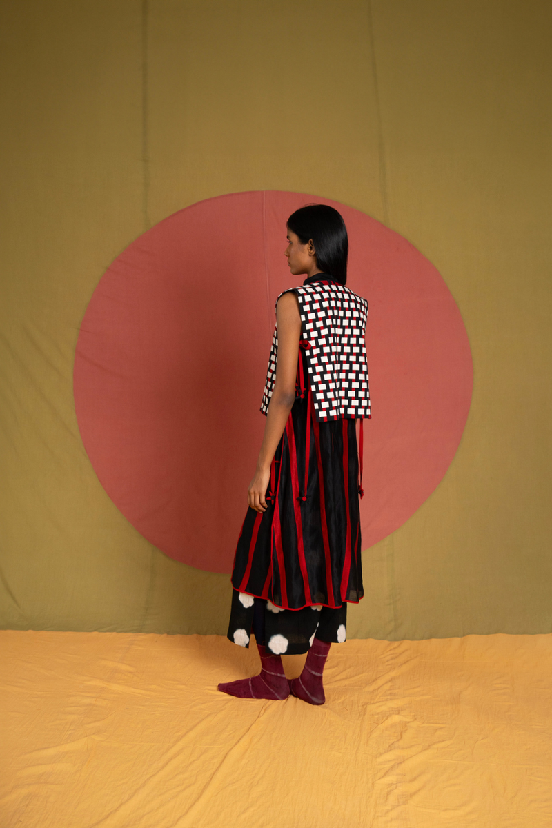 Lino Patti Dress-Black and Red chanderi dress by Ka-Sha in red for women in Singapore