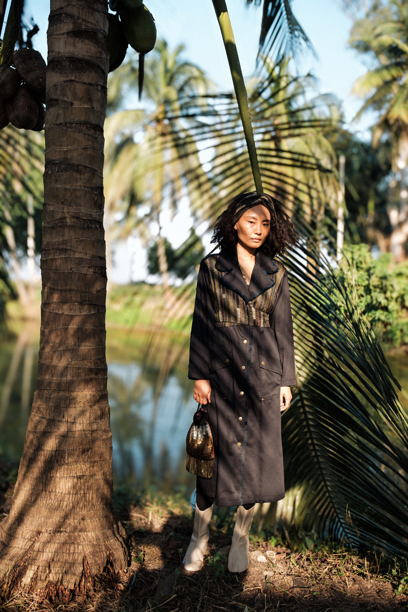 Upcycled Copenhagen Trench - Black Green cotton by The Terra Tribe in green color for women in Singapore