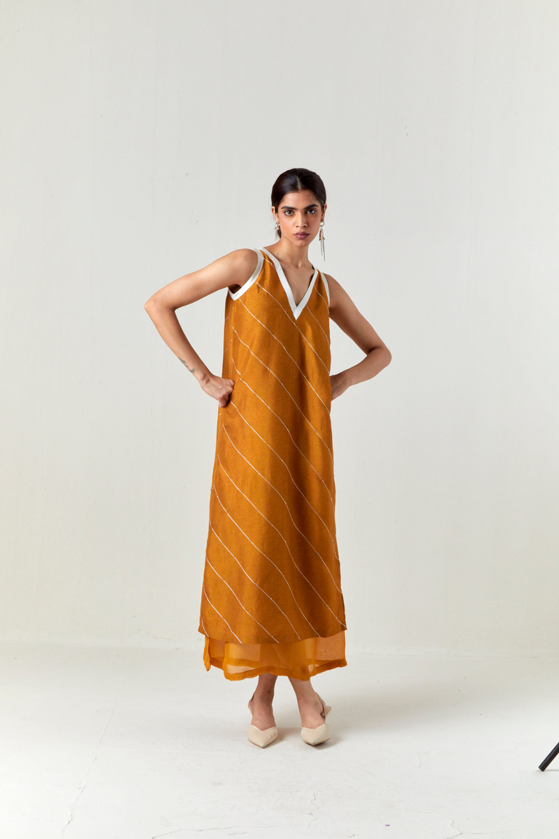 V-NECK EMBELLISHMENT DETAIL DRESS-OCHRE silk by THREE for women in Singapore