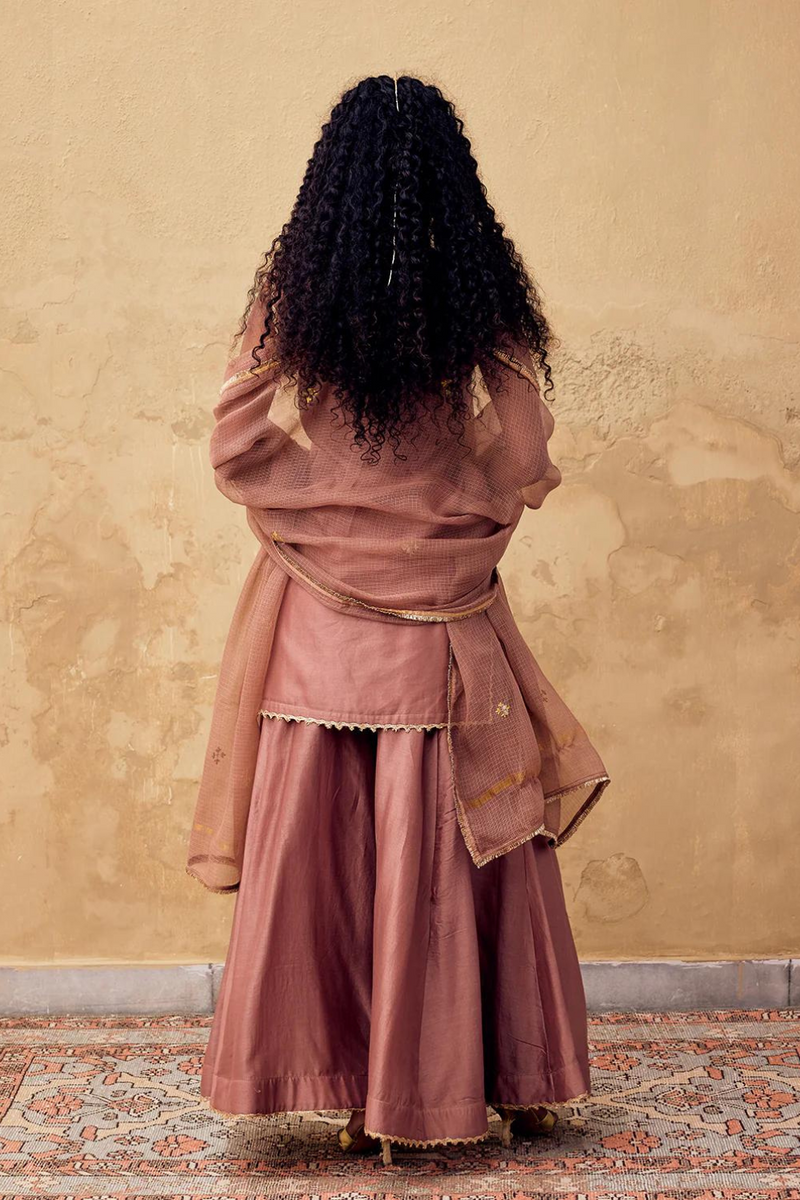 Kishmish Sharara set with Dupatta chanderi by Khara Kapas in brown for women in Singapore