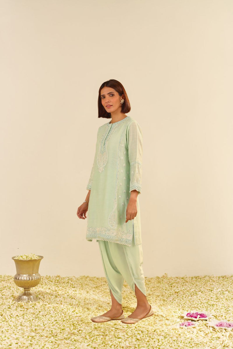 Zahra - Short Kurta With Dhoti-Mint Green silk by SHEETAL BATRA in mint color for women in Singapore