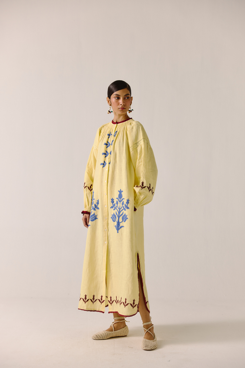 Chloe Dress - Butter Yellow Bird Applique linen by CORD in yellow for women in Singapore
