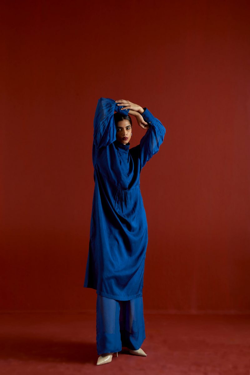 TURTLE NECK TUNIC CO-ORD-ELECTRIC BLUE silk by THREE in blue color for women in Singapore