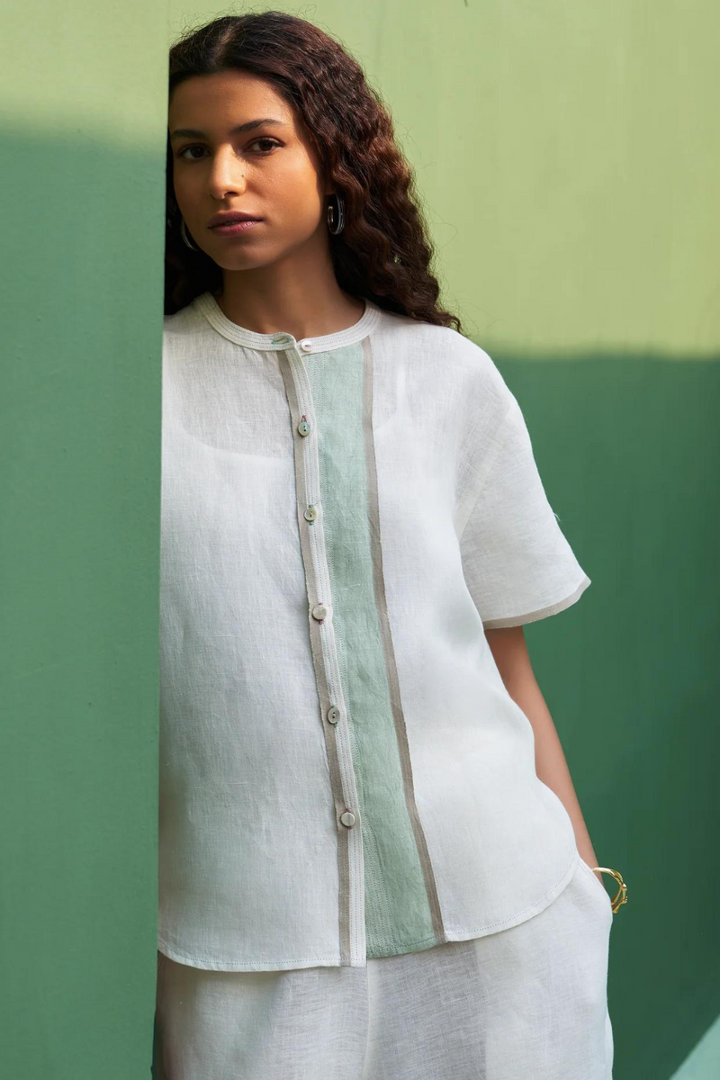 Kol Border Linen Co-ord Set - Ivory linen by Manan in ivory color for women in Singapore