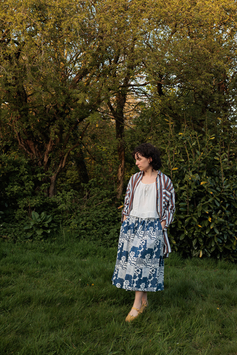 Oxford Skirt-Floral Blue handwoven cotton skirt by World of Crow in multicolor for women in Singapore