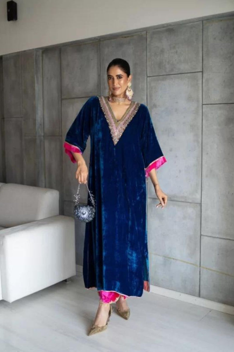 Nadira Blue Velvet Kaftan Kurta Set by Rajiramniq for women in Singapore